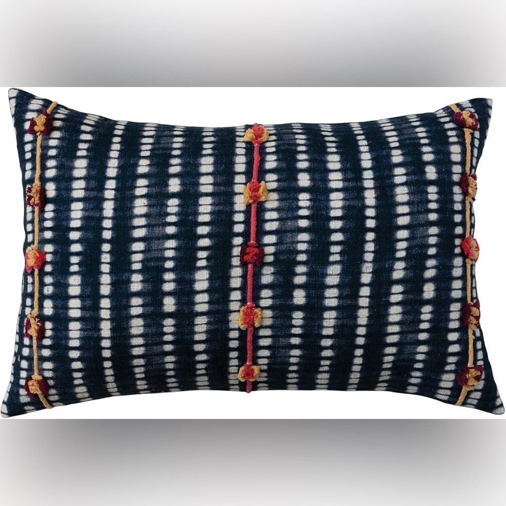 Creative Co-Op Cotton Slub Tie Dye Lumbar Pillow Cover Embroidered Accents, Navy